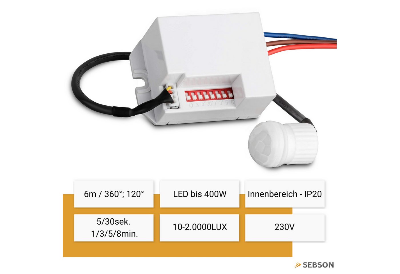 SEBSON Bewegungsmelder Mini Einbau Infrarot Sensor - Programmierbar, Reichweite 6m / 360°, (1-St), LED geeignet 400W, 3 Draht, Schalter 56x37x26mm, Sensor Ø18x25mm Bild 3
