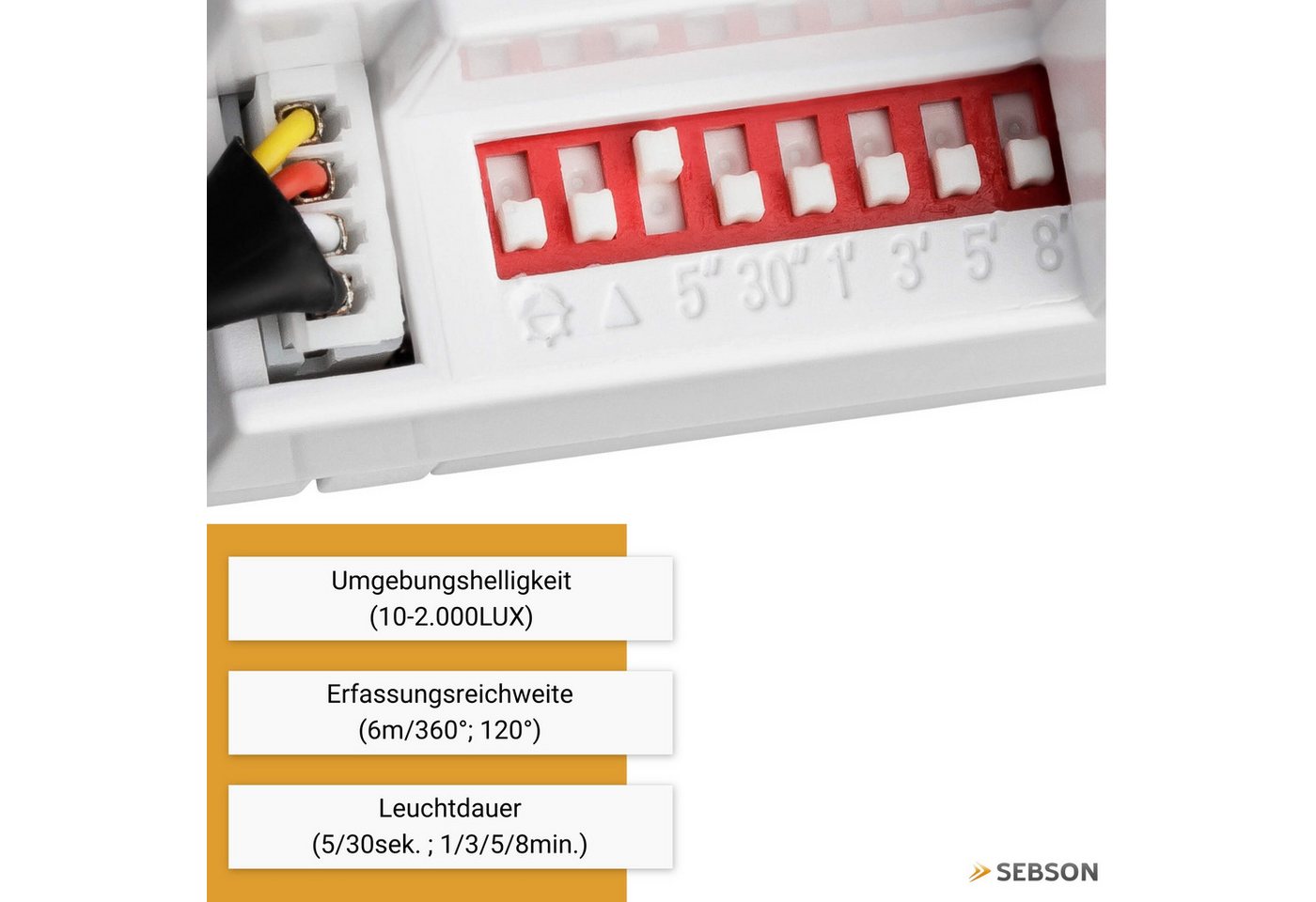 SEBSON Bewegungsmelder Mini Einbau Infrarot Sensor - Programmierbar, Reichweite 6m / 360°, (1-St), LED geeignet 400W, 3 Draht, Schalter 56x37x26mm, Sensor Ø18x25mm Bild 4