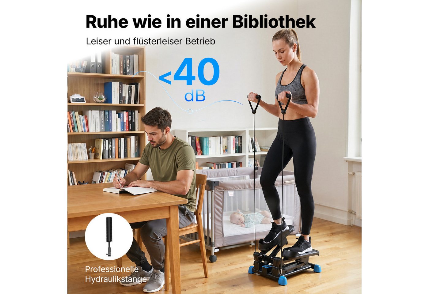 MERACH Mini-Stepper 3-in-1, Hydraulischer Beintrainer mit LCD-Display (3-in-1 Stepper-Set mit 2 Trainingsbändern für Ganzkörpertraining, 1-tlg., Enthält Mini-Stepper, 2 Widerstandsbänder, Werkzeug & Anleitung), 12 Höhenstufen, leiser Hydraulikantrieb, LCD-Monitor, bis 150 kg Bild 2