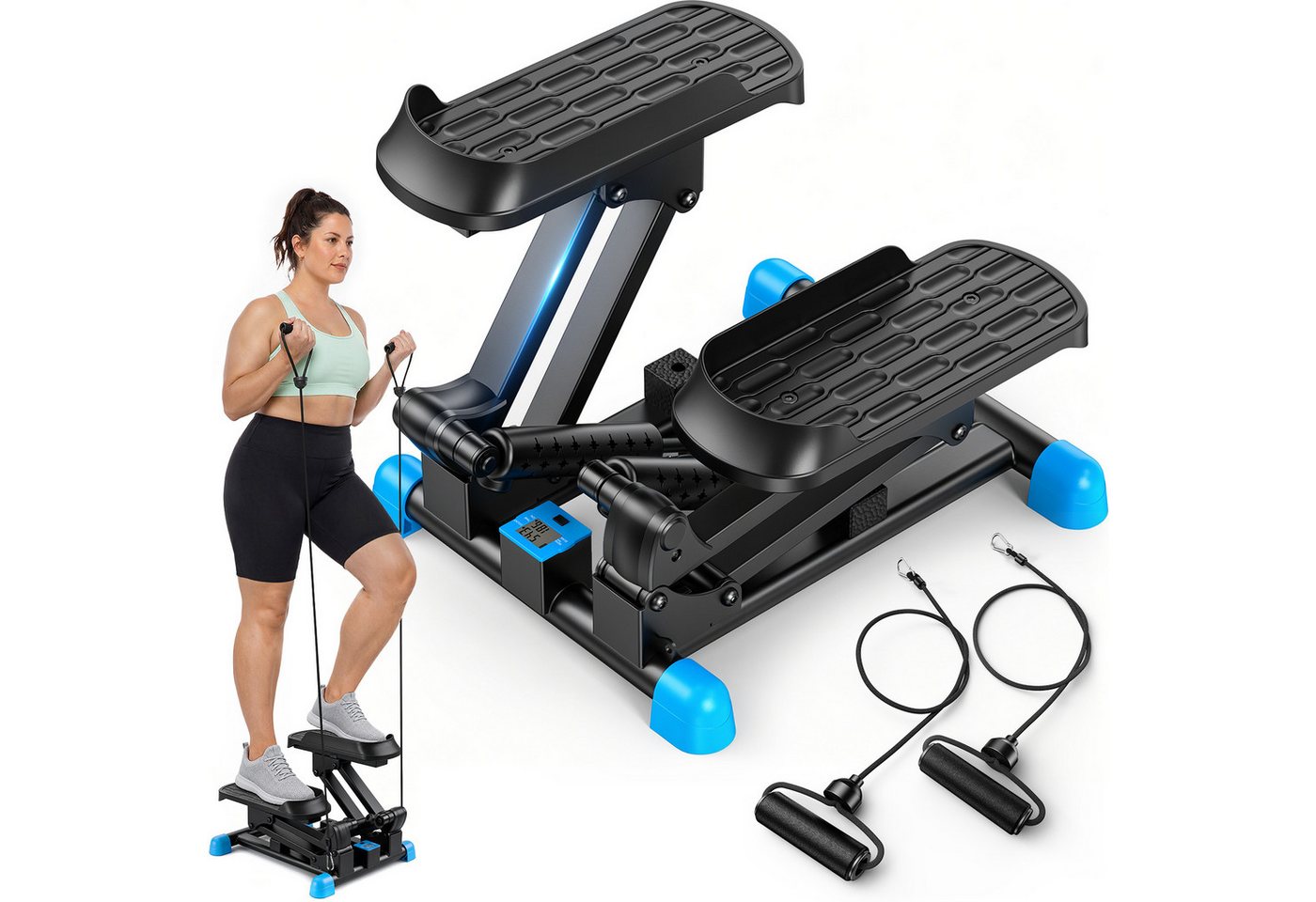 MERACH Mini-Stepper 3-in-1, Hydraulischer Beintrainer mit LCD-Display (3-in-1 Stepper-Set mit 2 Trainingsbändern für Ganzkörpertraining, 1-tlg., Enthält Mini-Stepper, 2 Widerstandsbänder, Werkzeug & Anleitung), 12 Höhenstufen, leiser Hydraulikantrieb, LCD-Monitor, bis 150 kg Bild 3