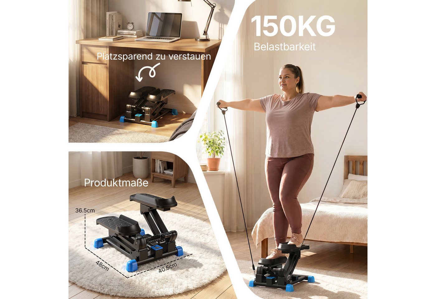 MERACH Mini-Stepper 3-in-1, Hydraulischer Beintrainer mit LCD-Display (3-in-1 Stepper-Set mit 2 Trainingsbändern für Ganzkörpertraining, 1-tlg., Enthält Mini-Stepper, 2 Widerstandsbänder, Werkzeug & Anleitung), 12 Höhenstufen, leiser Hydraulikantrieb, LCD-Monitor, bis 150 kg Bild 4