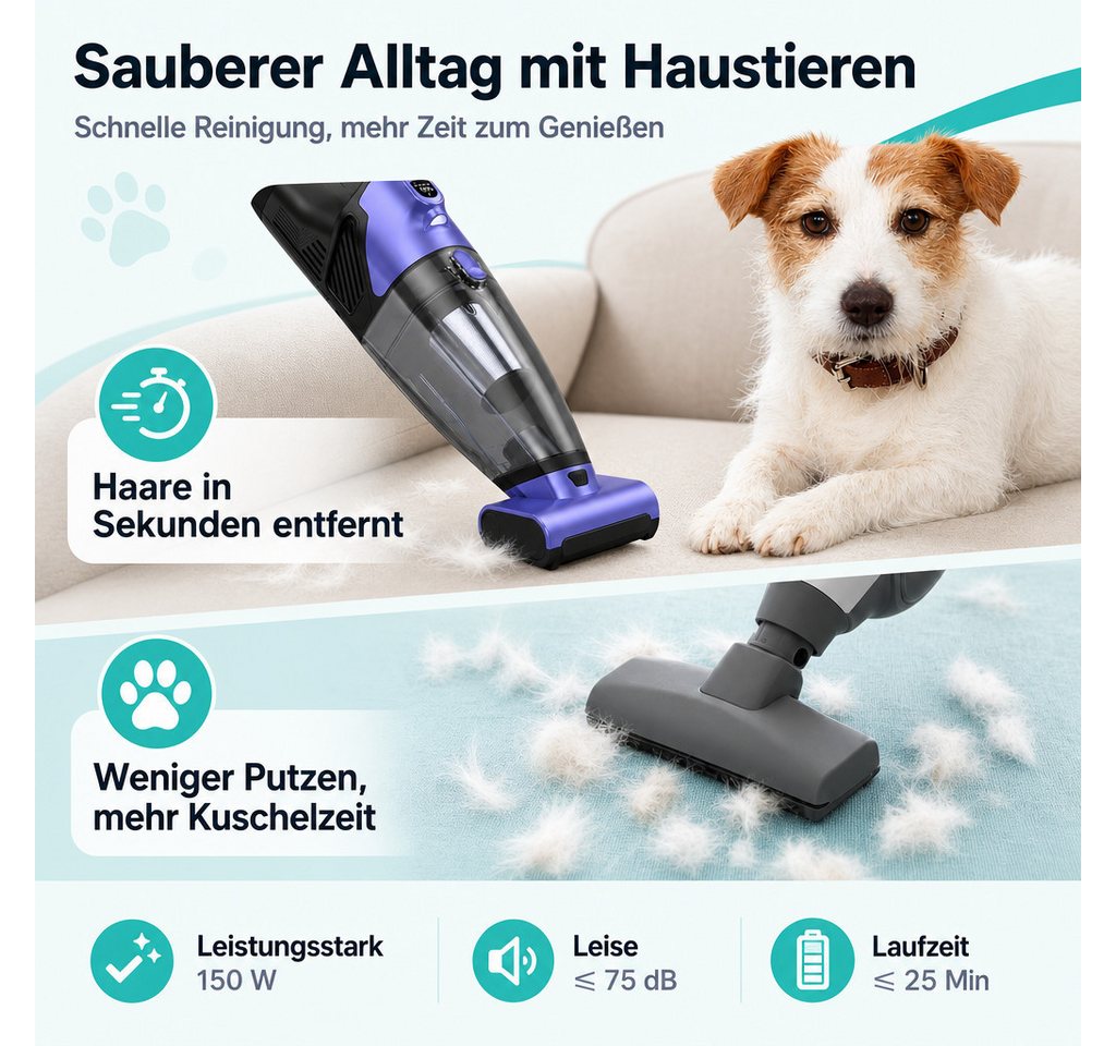 POZZOO Handstaubsauger 28000 Pa Akkusauger, Handstaubsauger mit Tierhaarbürste für Auto, beutellos, 10400 mAh Mini-Staubsauger mit LED-Licht und 2 Saugstufen für Auto