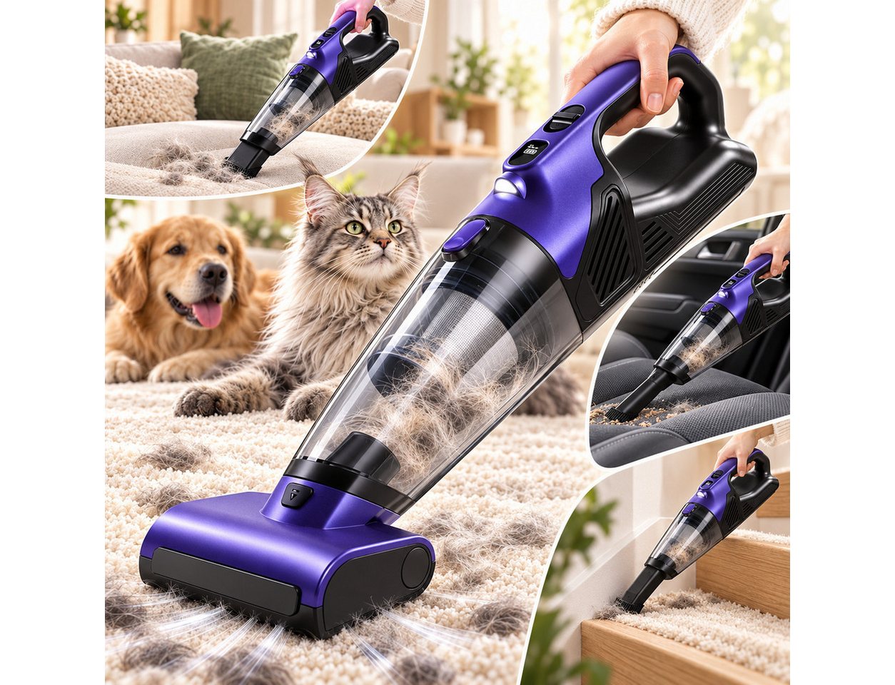 POZZOO Handstaubsauger 28000 Pa Akkusauger, Handstaubsauger mit Tierhaarbürste für Auto, beutellos, 10400 mAh Mini-Staubsauger mit LED-Licht und 2 Saugstufen für Auto Bild 2