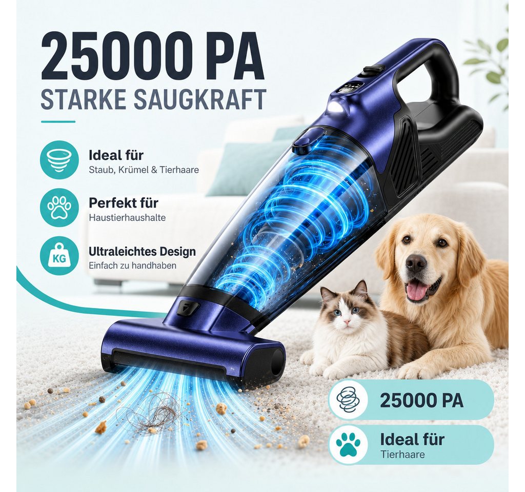 POZZOO Handstaubsauger 28000 Pa Akkusauger, Handstaubsauger mit Tierhaarbürste für Auto, beutellos, 10400 mAh Mini-Staubsauger mit LED-Licht und 2 Saugstufen für Auto Bild 3