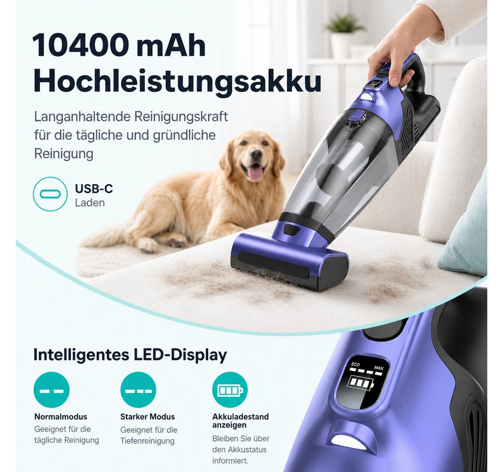 POZZOO Handstaubsauger 28000 Pa Akkusauger, Handstaubsauger mit Tierhaarbürste für Auto, beutellos, 10400 mAh Mini-Staubsauger mit LED-Licht und 2 Saugstufen für Auto Bild 4