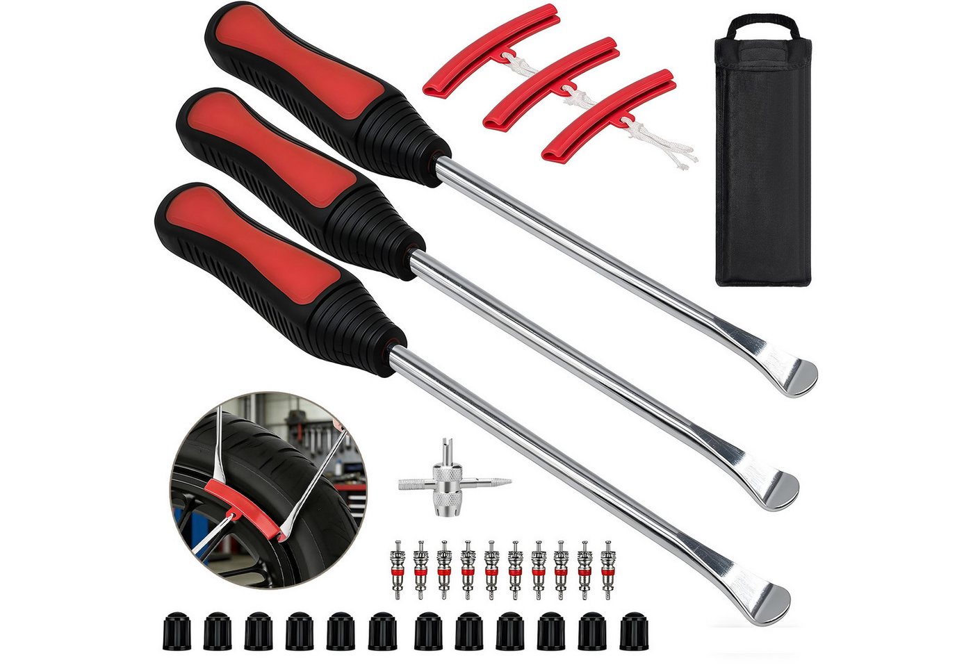 SURFOU Reifenmontierhilfe 29 Stück Reifenmontage-Set Montiereisen Reifen Werkzeug, mit Felgenschutz & Rutschfesten Griffen, Ventile, Ventilkernschlüssel & Tragtasche inklusive, für Motorrad, Fahrrad und Scooter Reifenmontage Werkzeug Bild 2