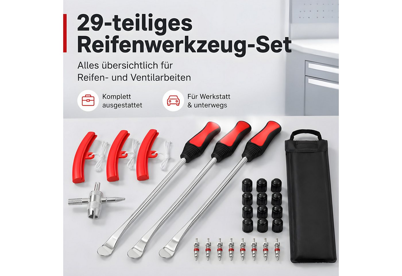 SURFOU Reifenmontierhilfe 29 Stück Reifenmontage-Set Montiereisen Reifen Werkzeug, mit Felgenschutz & Rutschfesten Griffen, Ventile, Ventilkernschlüssel & Tragtasche inklusive, für Motorrad, Fahrrad und Scooter Reifenmontage Werkzeug Bild 3