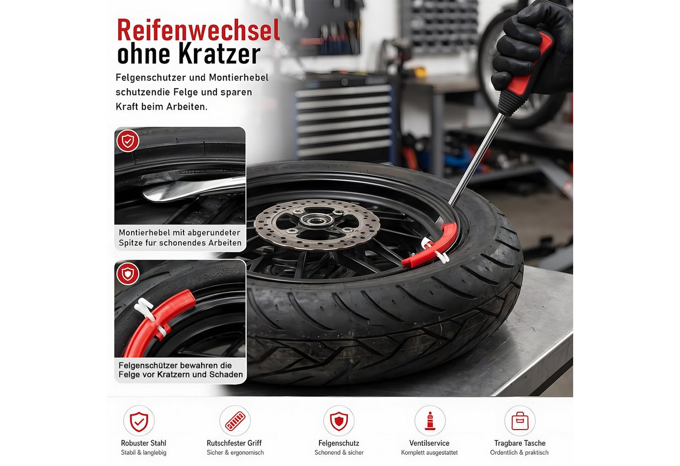 SURFOU Reifenmontierhilfe 29 Stück Reifenmontage-Set Montiereisen Reifen Werkzeug, mit Felgenschutz & Rutschfesten Griffen, Ventile, Ventilkernschlüssel & Tragtasche inklusive, für Motorrad, Fahrrad und Scooter Reifenmontage Werkzeug Bild 4