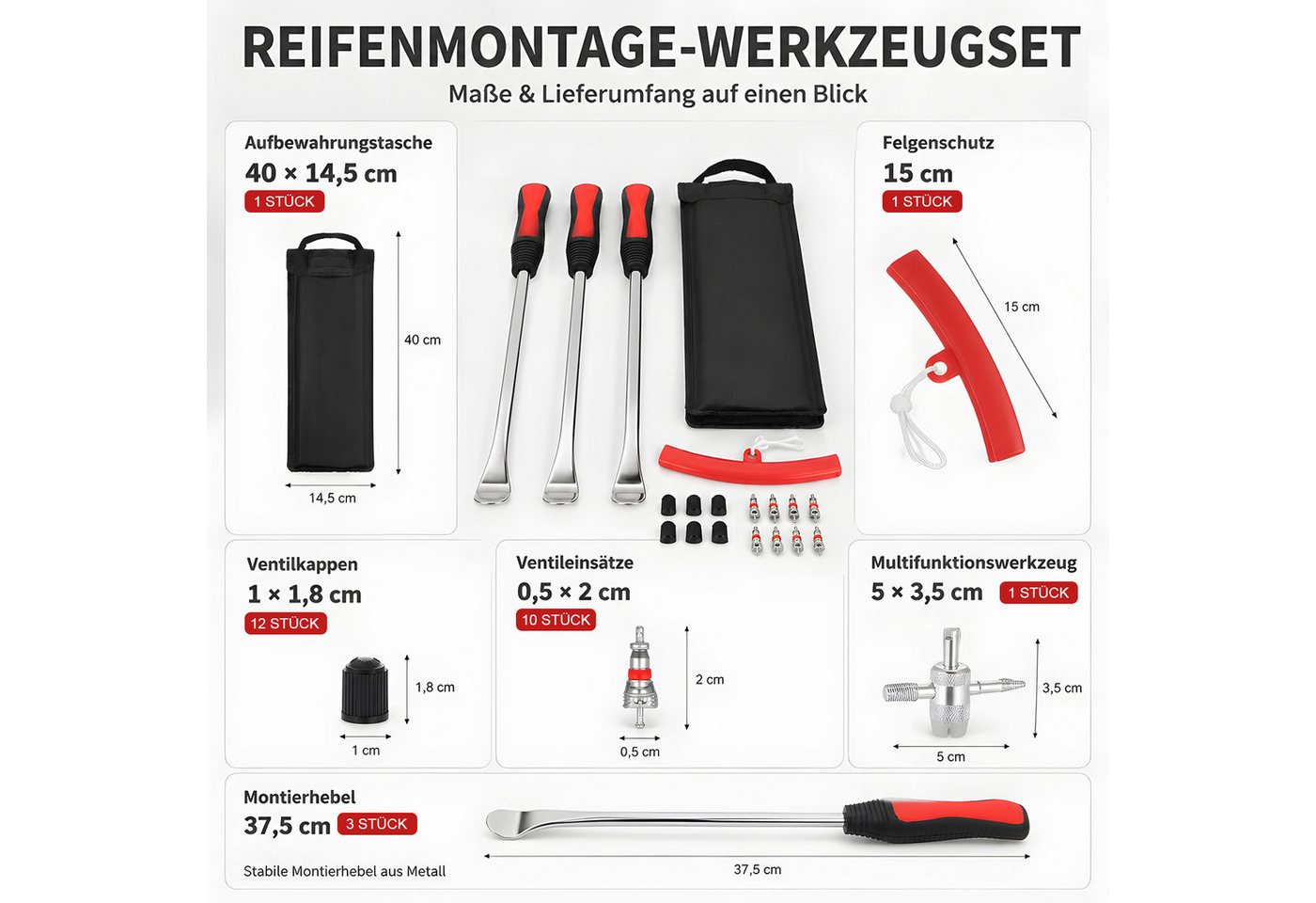 SURFOU Reifenmontierhilfe 29 Stück Reifenmontage-Set Montiereisen Reifen Werkzeug, mit Felgenschutz & Rutschfesten Griffen, Ventile, Ventilkernschlüssel & Tragtasche inklusive, für Motorrad, Fahrrad und Scooter Reifenmontage Werkzeug Bild 5