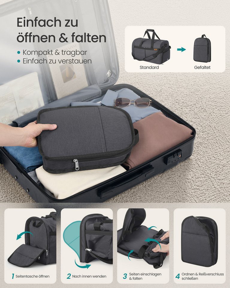 SONGMICS Reisetasche Handgepäck-Tasche, Sporttasche, faltbar mit Schuhfach und Nassfach, 50 L, 55 x 35 x 25 cm, Grau
