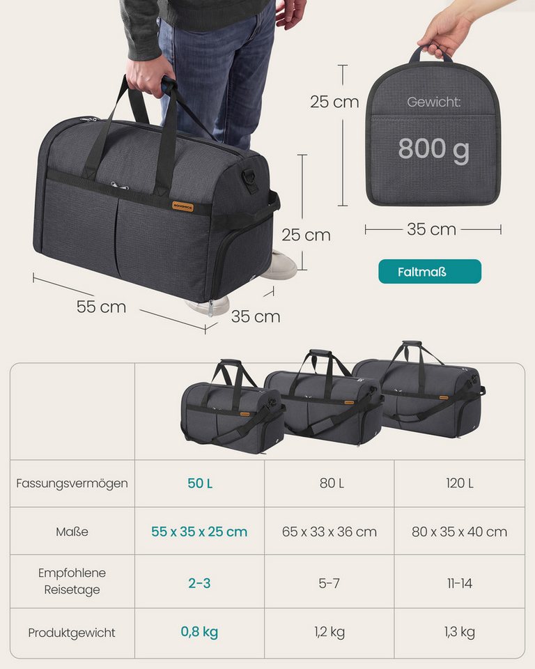 SONGMICS Reisetasche Handgepäck-Tasche, Sporttasche, faltbar mit Schuhfach und Nassfach, 50 L, 55 x 35 x 25 cm, Grau Bild 2