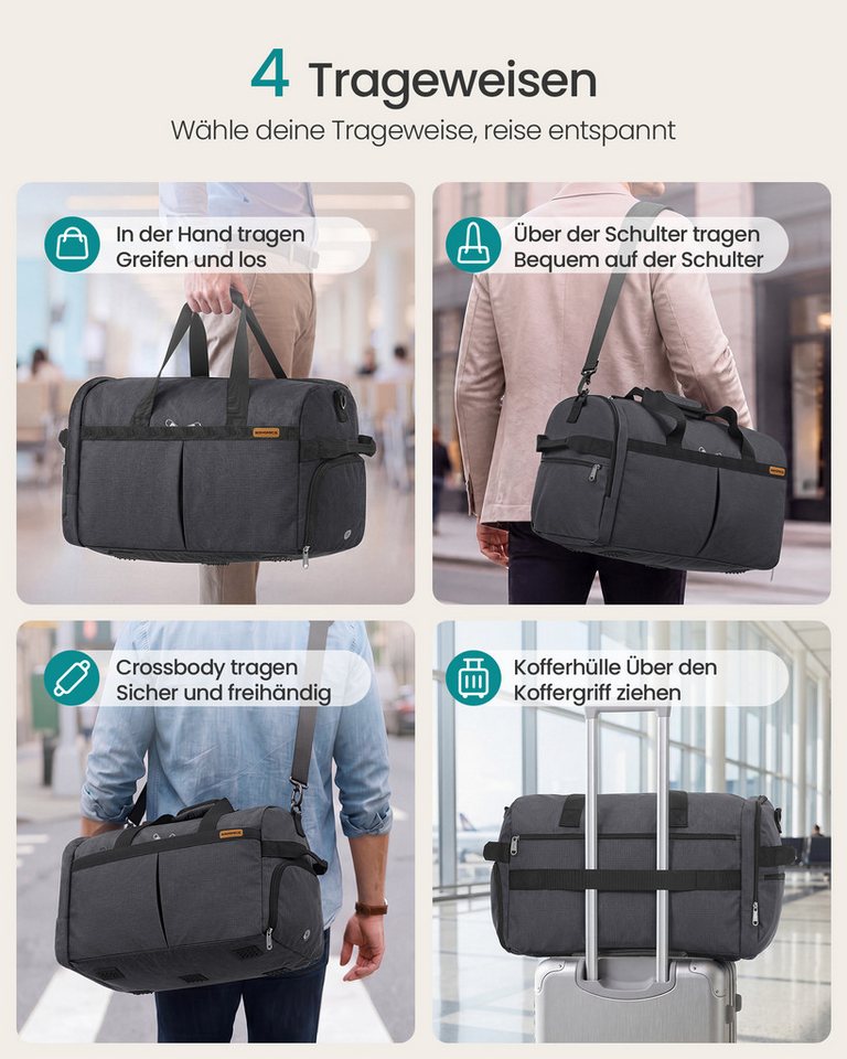 SONGMICS Reisetasche Handgepäck-Tasche, Sporttasche, faltbar mit Schuhfach und Nassfach, 50 L, 55 x 35 x 25 cm, Grau Bild 3