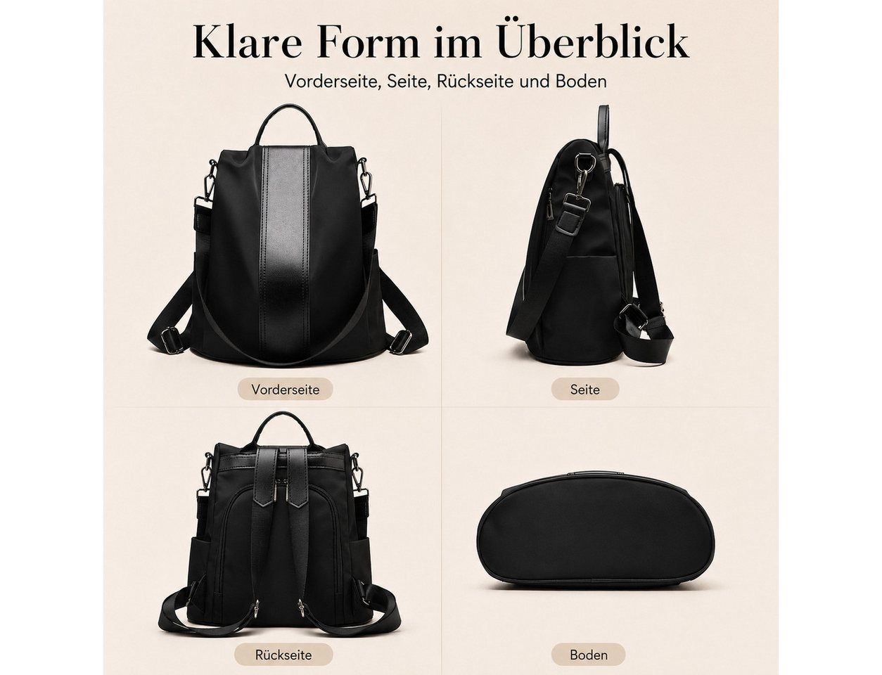 Fyrove Rucksack Damen Anti-Diebstahl Cityrucksack wasserabweisend Nylon, Rucksacktasche 2-in-1 mit Schultergurt für Alltag Reise Freizeit Bild 3