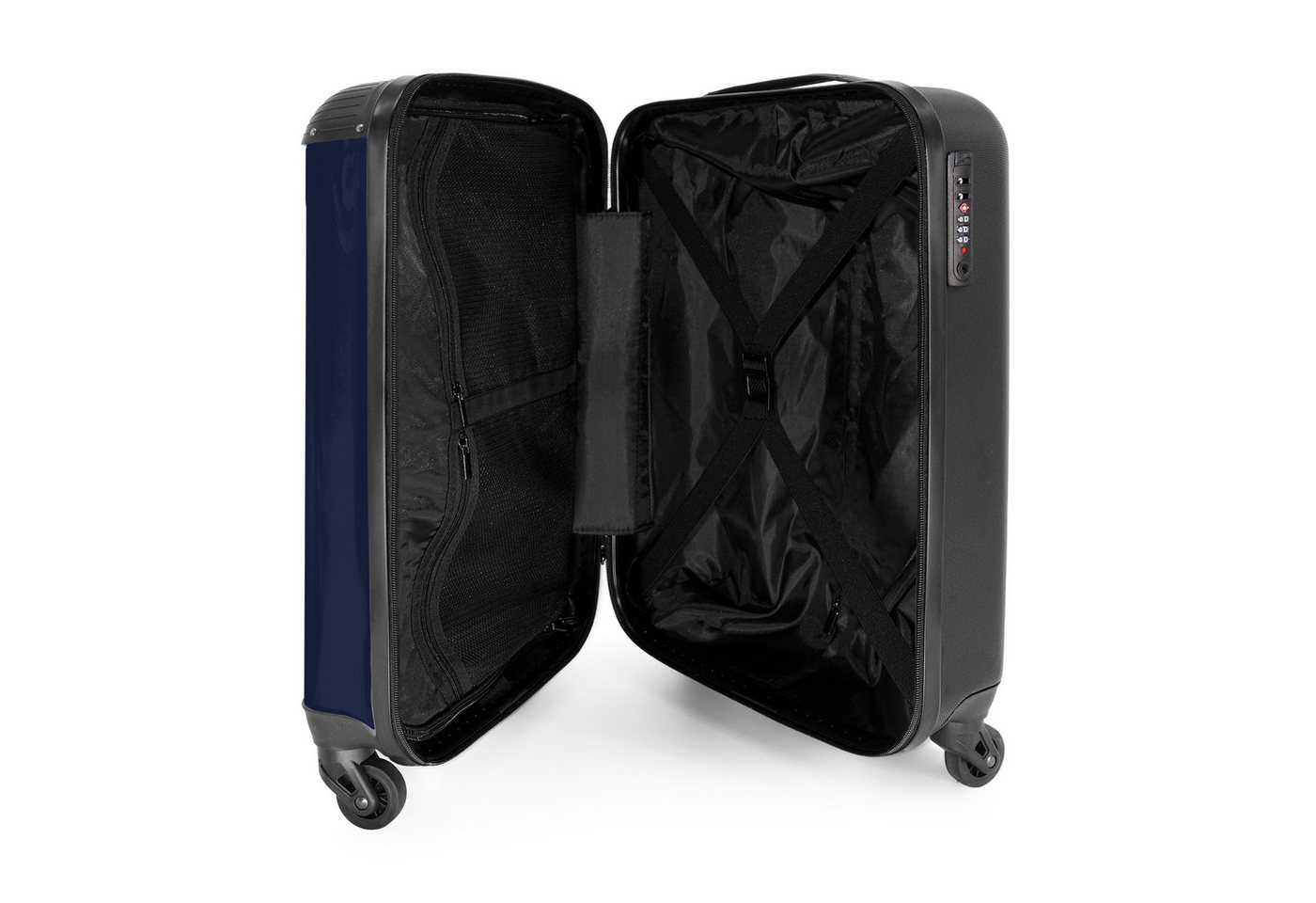 NoBoringSuitcases.com© Hartschalen-Trolley Dunkelblauer Hintergrund mit rotem und weißem Streifen und Text Taking, Reisekoffer mit 4 Rollen, Carry on luggage, Männer