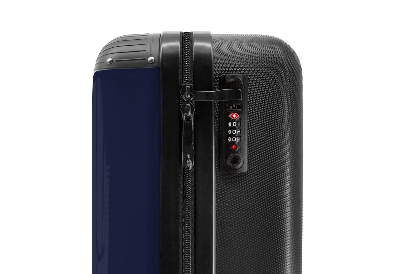 NoBoringSuitcases.com© Hartschalen-Trolley Dunkelblauer Hintergrund mit rotem und weißem Streifen und Text Taking, Reisekoffer mit 4 Rollen, Carry on luggage, Männer Bild 2
