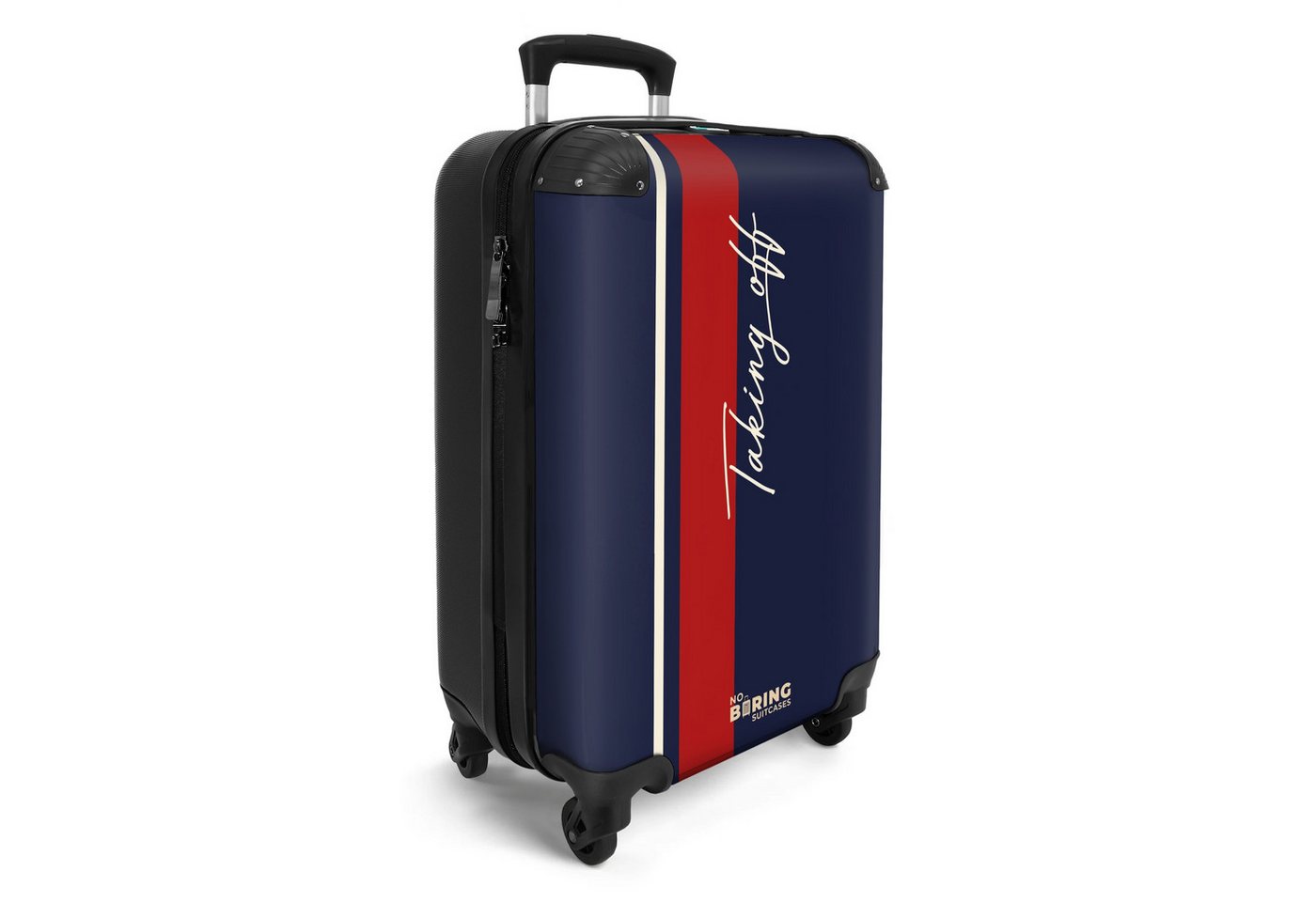 NoBoringSuitcases.com© Hartschalen-Trolley Dunkelblauer Hintergrund mit rotem und weißem Streifen und Text Taking, Reisekoffer mit 4 Rollen, Carry on luggage, Männer Bild 3