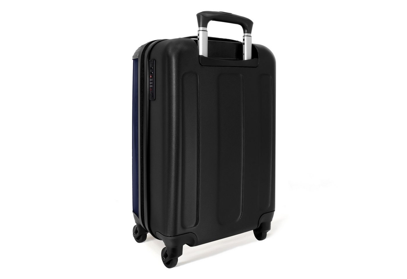 NoBoringSuitcases.com© Hartschalen-Trolley Dunkelblauer Hintergrund mit rotem und weißem Streifen und Text Taking, Reisekoffer mit 4 Rollen, Carry on luggage, Männer Bild 4