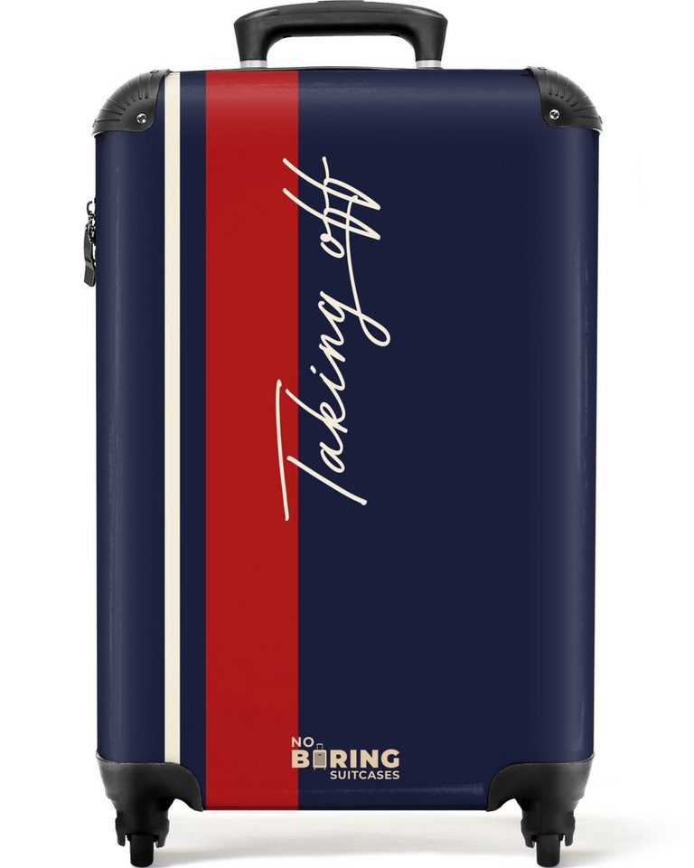 NoBoringSuitcases.com© Hartschalen-Trolley Dunkelblauer Hintergrund mit rotem und weißem Streifen und Text Taking, Reisekoffer mit 4 Rollen, Carry on luggage, Männer Bild 5
