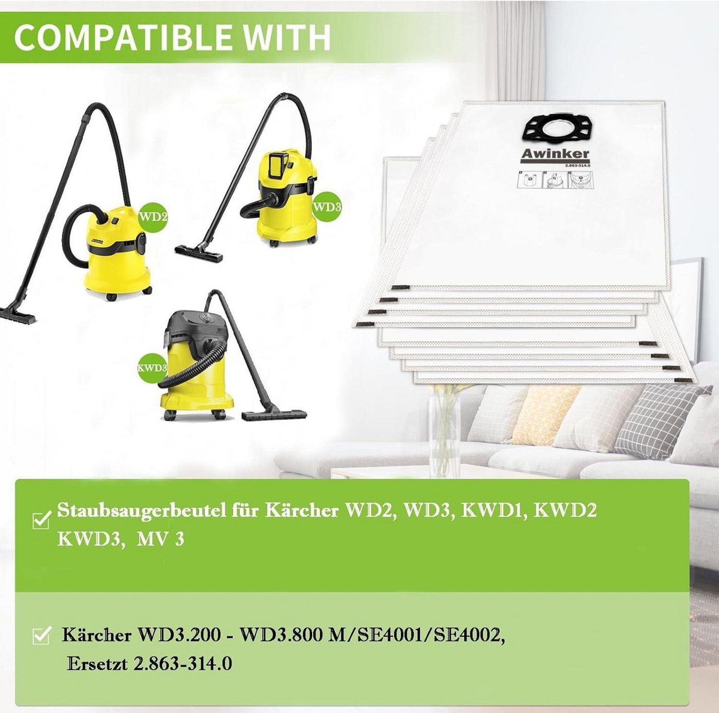 FELIXLEO Staubsaugerzubehörtasche KFI 357 Staubsaugerbeutel für Kärcher WD2 WD3 KWD1 KWD2 (1-tlg) Bild 4
