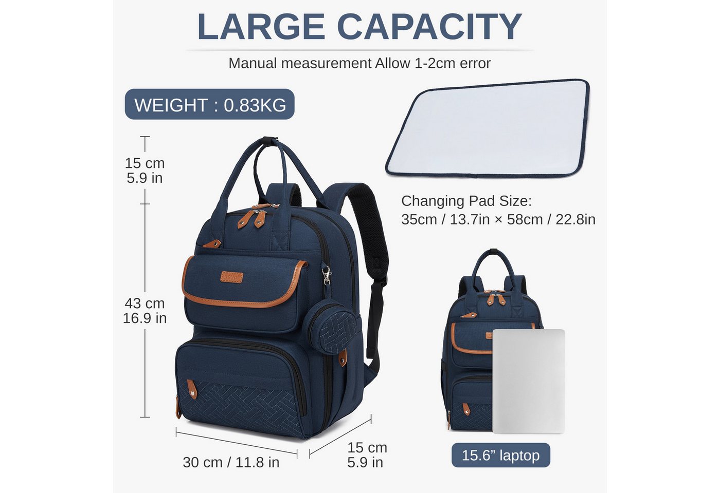 KONO Wickelrucksack, Multifunktionaler Babyrucksack mit Laptopfach