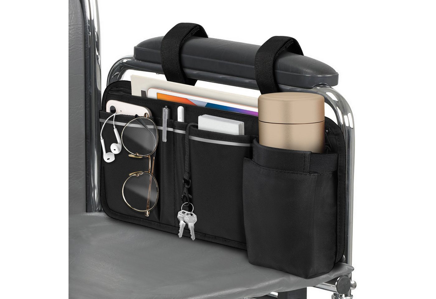 Fintie Rollstuhltasche für Armlehne-Rollstuhlsack mit Flaschenhalter, reflektierende Streifen, Tasche für Rollator, Rollstuhl, Kinderwagen, Walker, Mobility Scooter