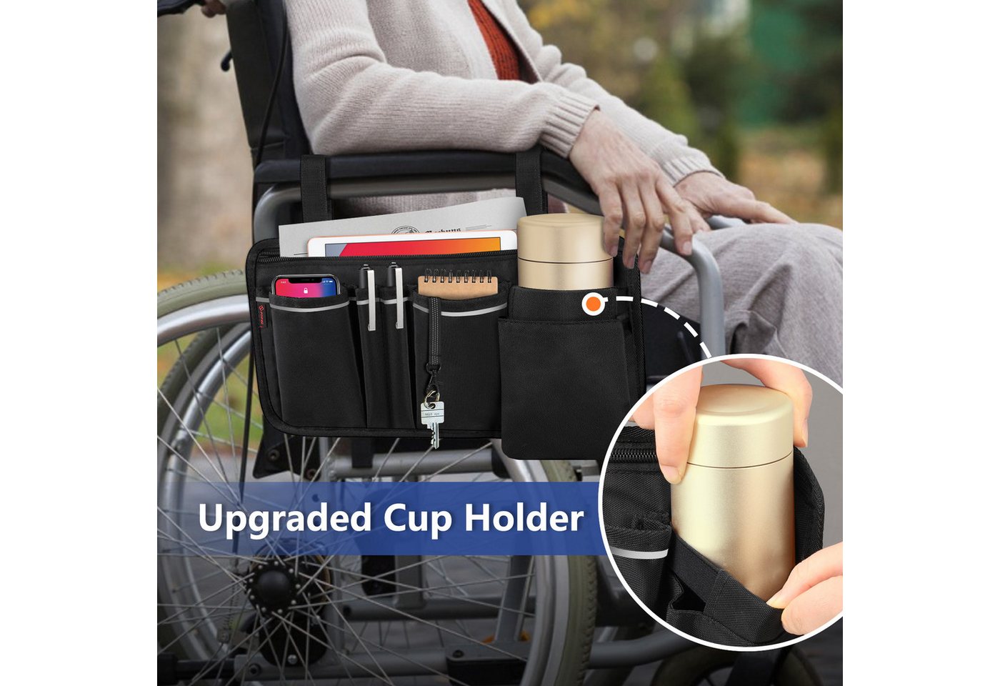Fintie Rollstuhltasche für Armlehne-Rollstuhlsack mit Flaschenhalter, reflektierende Streifen, Tasche für Rollator, Rollstuhl, Kinderwagen, Walker, Mobility Scooter Bild 2