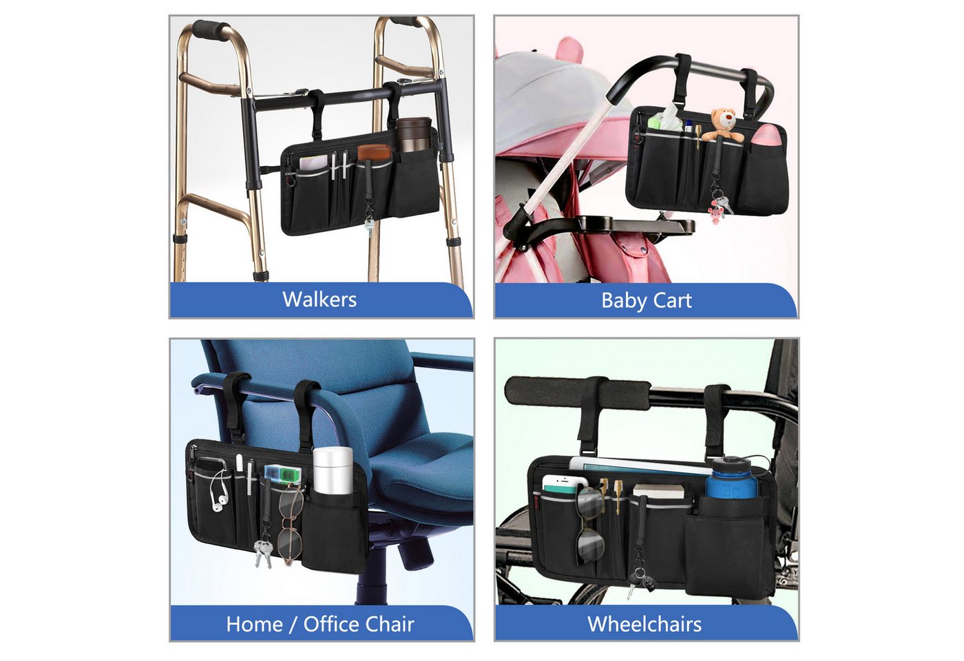 Fintie Rollstuhltasche für Armlehne-Rollstuhlsack mit Flaschenhalter, reflektierende Streifen, Tasche für Rollator, Rollstuhl, Kinderwagen, Walker, Mobility Scooter Bild 3