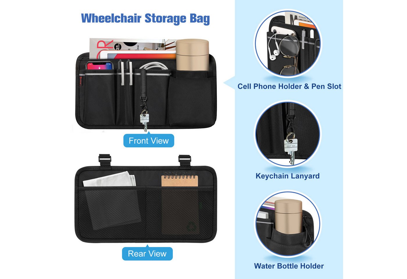 Fintie Rollstuhltasche für Armlehne-Rollstuhlsack mit Flaschenhalter, reflektierende Streifen, Tasche für Rollator, Rollstuhl, Kinderwagen, Walker, Mobility Scooter Bild 4