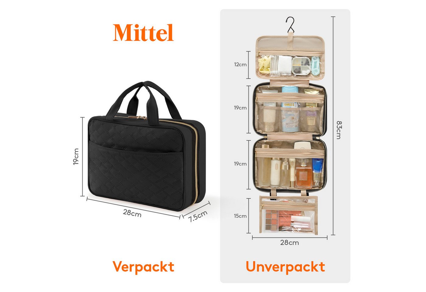 Lifewit Kulturbeutel Reise Kulturtasche Damen, Wasserabweisende Kulturbeutel mit Nassfach (Set, 1-er, B/H/T 7.6/19/28 cm), Spritzwassergeschützt, Einfarbig