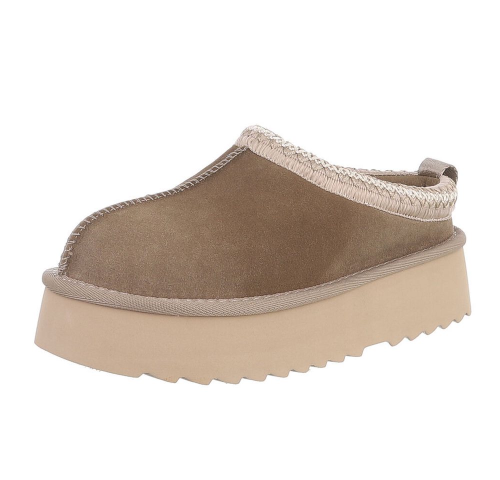 Ital-Design Echtleder Damen Slip-on Plateau Clog mit Profilsohle Snowboots (92392423) Flach Stiefeletten in Hellbraun Bild 2