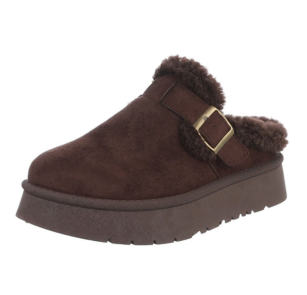 Ital-Design Damen Clog mit Fellfutter und Plateau-Sohle Snowboots (92392357) Flach Plateaustiefeletten in Braun Bild 4