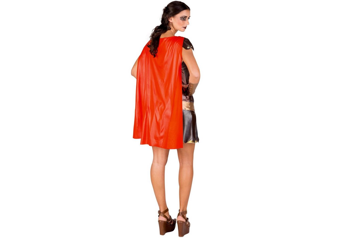 dressforfun Kostüm Schwertkämpferin/Römerin, in braun, Gr. L, und kurzes Kleid, Armstulpen in Rüstungsoptik, Kriegerische Wappenrock-Optik, Cape