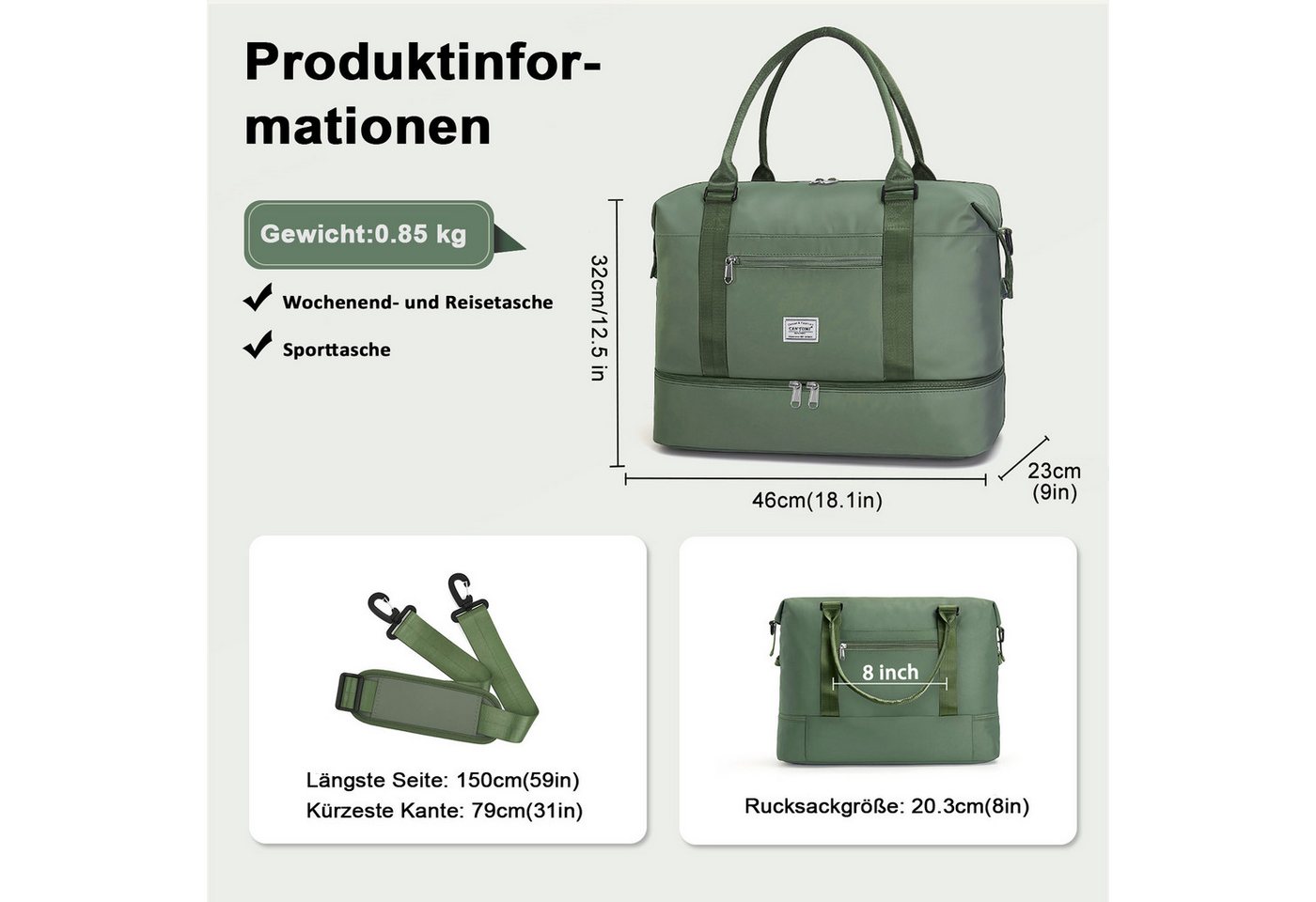 TAN.TOMI Reisetasche Wasserdicht Travel Duffle Bag 46x46x23 Tragetasche Sporttasche (Erweiterbar mit Trolley-Ärmel und Nasstasche), Fitnesstasche Trainingstasche Krankenhaustasche mit Schuhfach