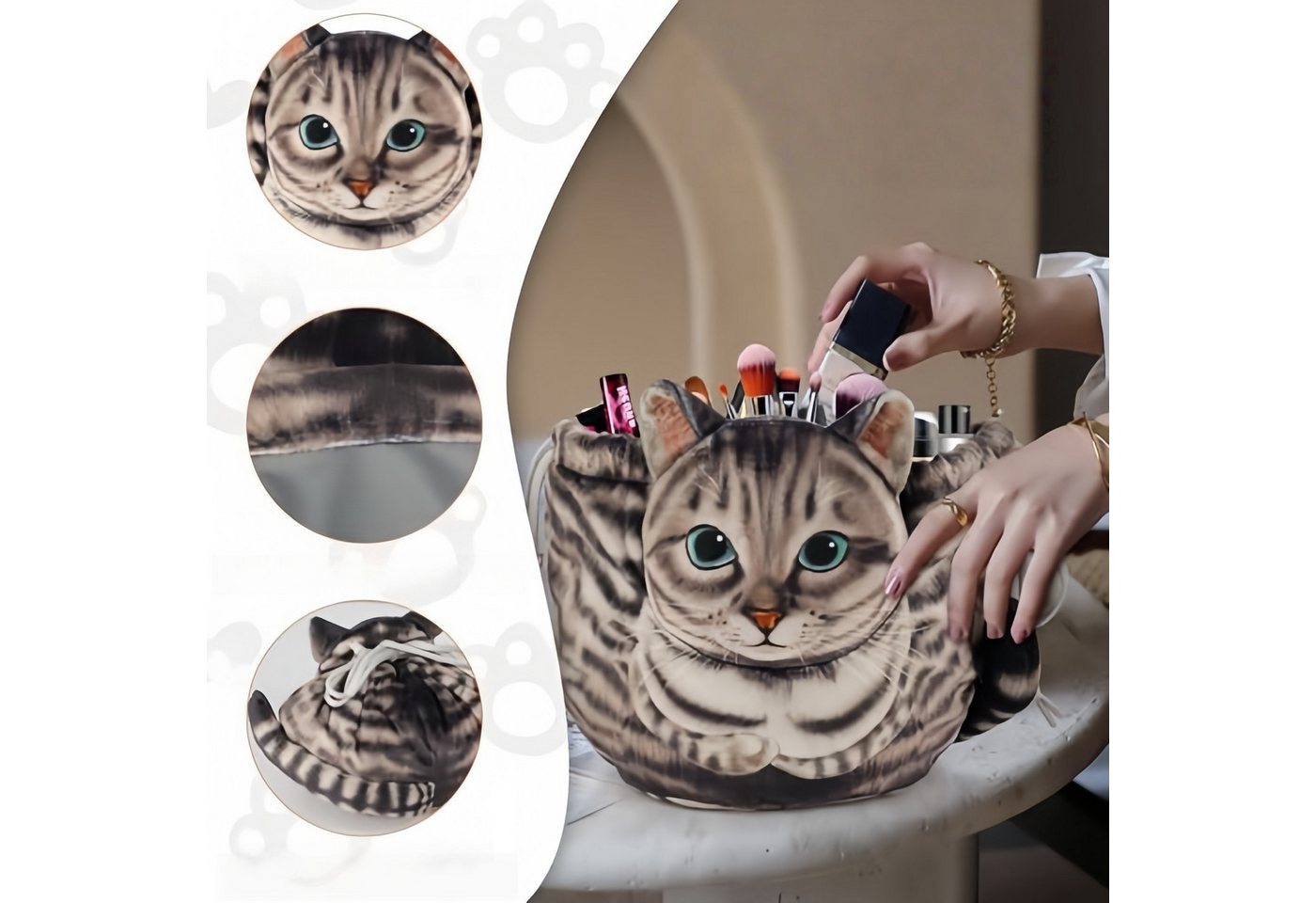 FOUORTUNATE-BEE Kulturbeutel Kosmetiktasche mit Katzenmotiv, groß & tragbar mit Kordelzug, Niedliche Make-up Tasche für Reisen, Geschenk für Katzenfans