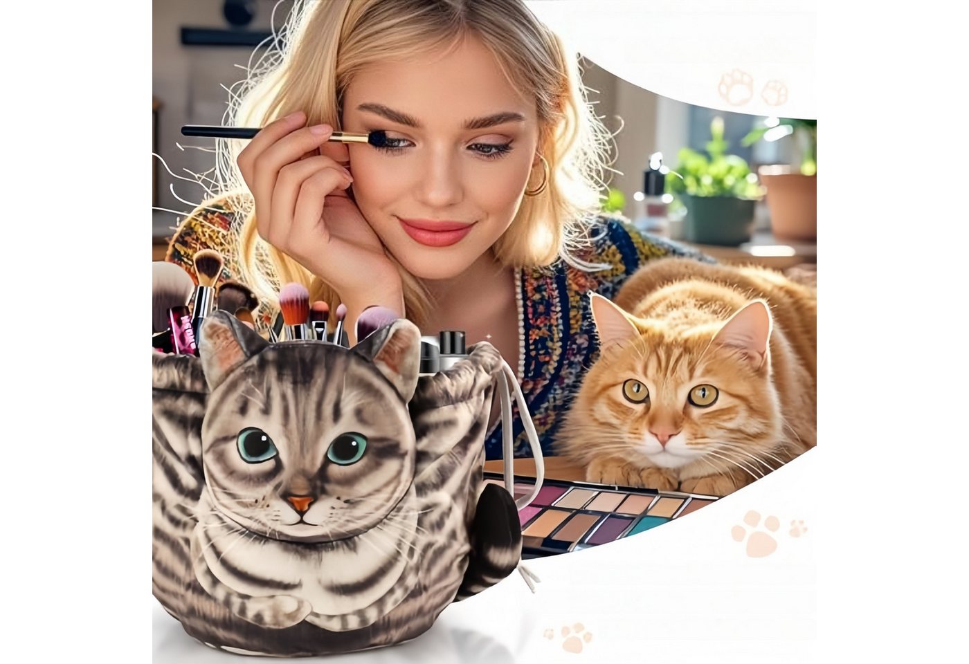 FOUORTUNATE-BEE Kulturbeutel Kosmetiktasche mit Katzenmotiv, groß & tragbar mit Kordelzug, Niedliche Make-up Tasche für Reisen, Geschenk für Katzenfans Bild 2