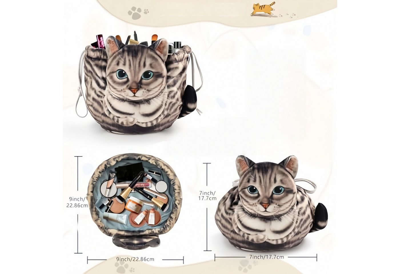 FOUORTUNATE-BEE Kulturbeutel Kosmetiktasche mit Katzenmotiv, groß & tragbar mit Kordelzug, Niedliche Make-up Tasche für Reisen, Geschenk für Katzenfans Bild 4