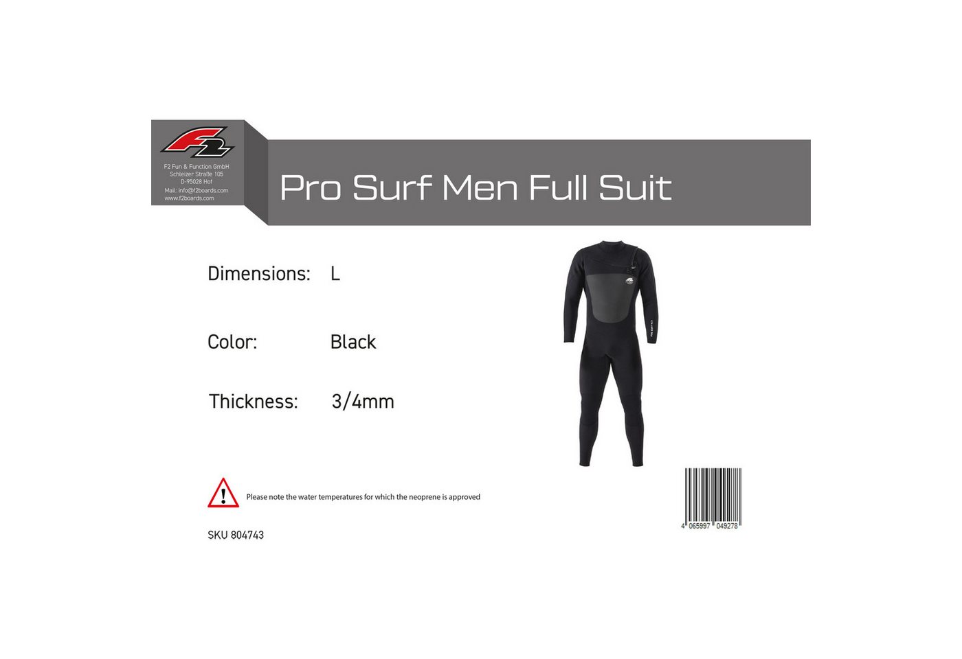 F2 Neoprenanzug F2 Neopren Anzug Pro Surf Men Full Suit Lang L Schwarz