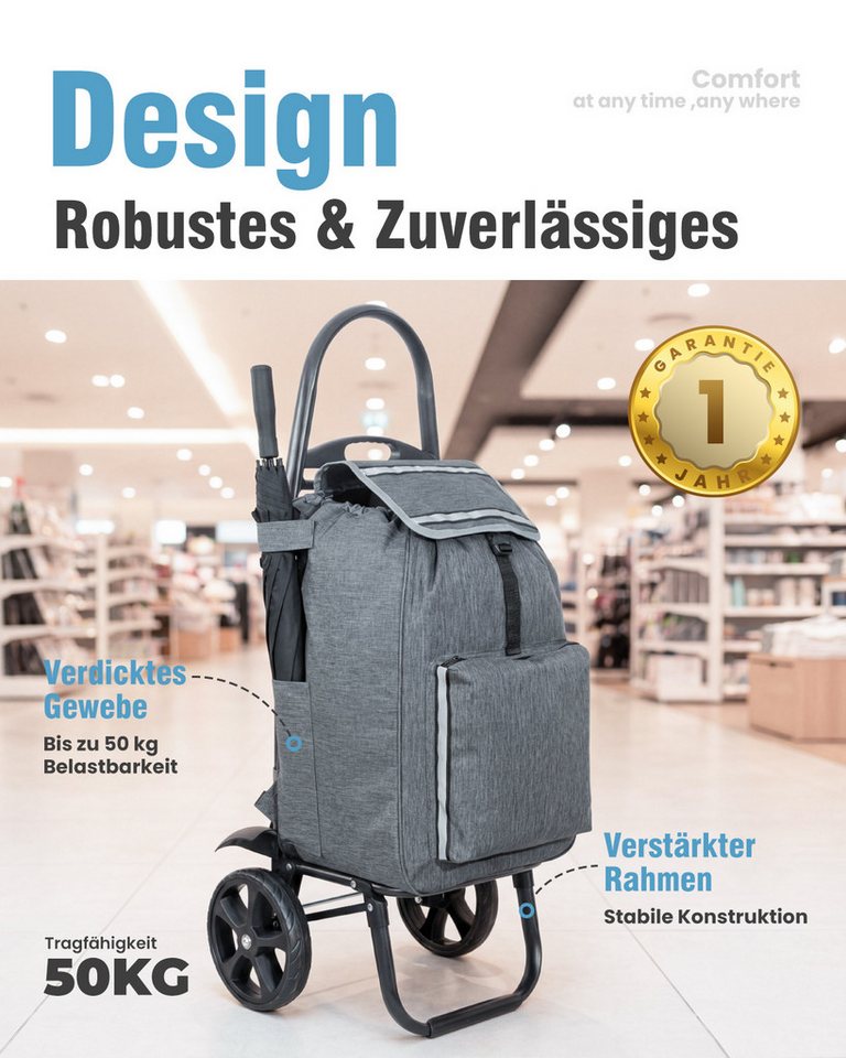 HOMECALL Einkaufstrolley klappbar Einkaufswagen 4-in-1 Utility Trolley Mit Kühltasche-58L, Shopping Trolley & Sackkarre für Supermarkt, Wochenmarkt, Reisen