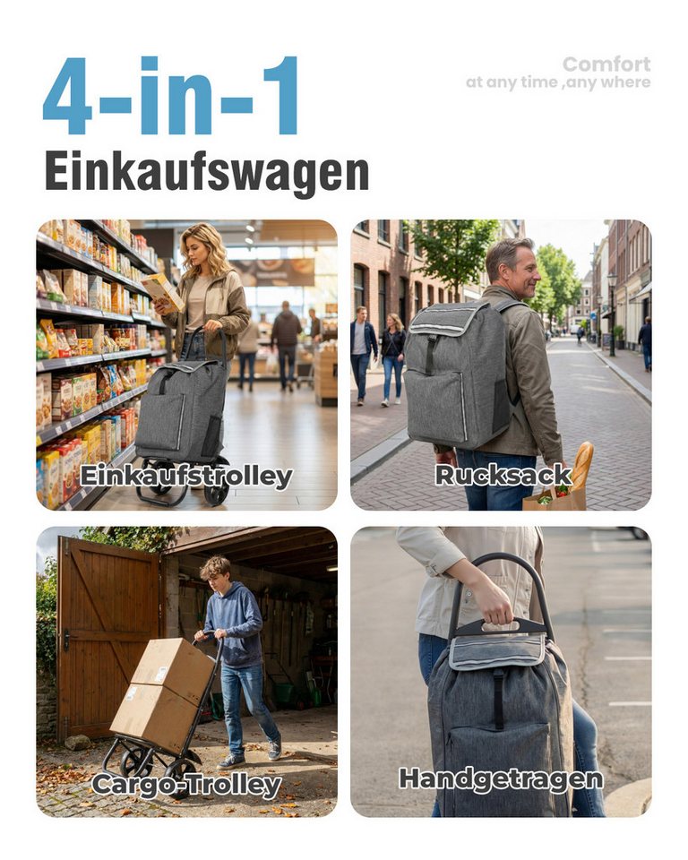 HOMECALL Einkaufstrolley klappbar Einkaufswagen 4-in-1 Utility Trolley Mit Kühltasche-58L, Shopping Trolley & Sackkarre für Supermarkt, Wochenmarkt, Reisen Bild 2