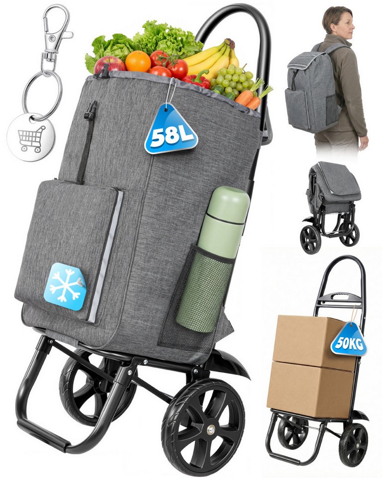 HOMECALL Einkaufstrolley klappbar Einkaufswagen 4-in-1 Utility Trolley Mit Kühltasche-58L, Shopping Trolley & Sackkarre für Supermarkt, Wochenmarkt, Reisen Bild 3