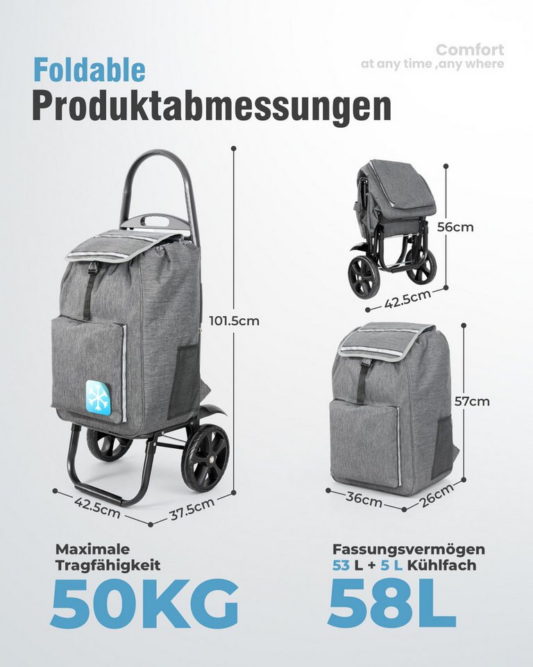 HOMECALL Einkaufstrolley klappbar Einkaufswagen 4-in-1 Utility Trolley Mit Kühltasche-58L, Shopping Trolley & Sackkarre für Supermarkt, Wochenmarkt, Reisen Bild 4