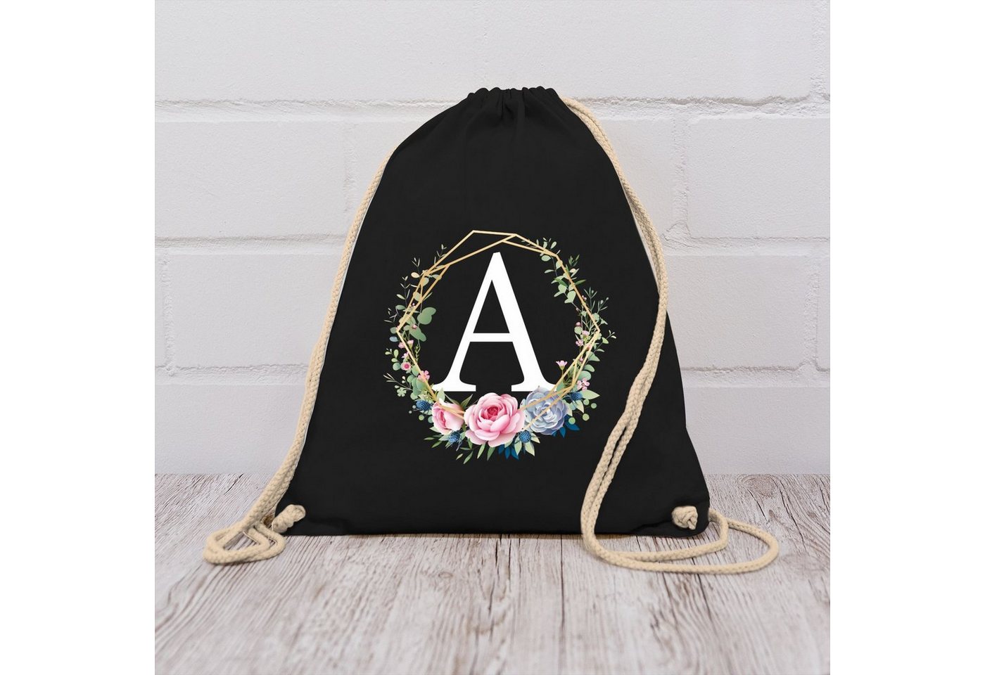 Shirtracer Turnbeutel Blumenkranz Mit Buchstabe A, Geschenk Taschen Initialen Shopper Baumwolle Bild 2