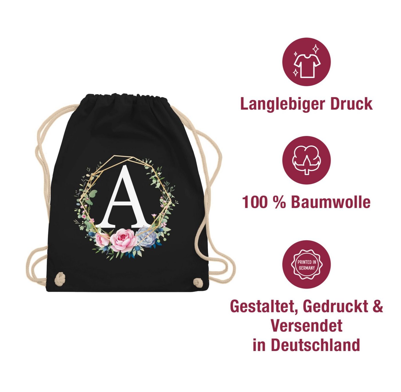 Shirtracer Turnbeutel Blumenkranz Mit Buchstabe A, Geschenk Taschen Initialen Shopper Baumwolle Bild 5