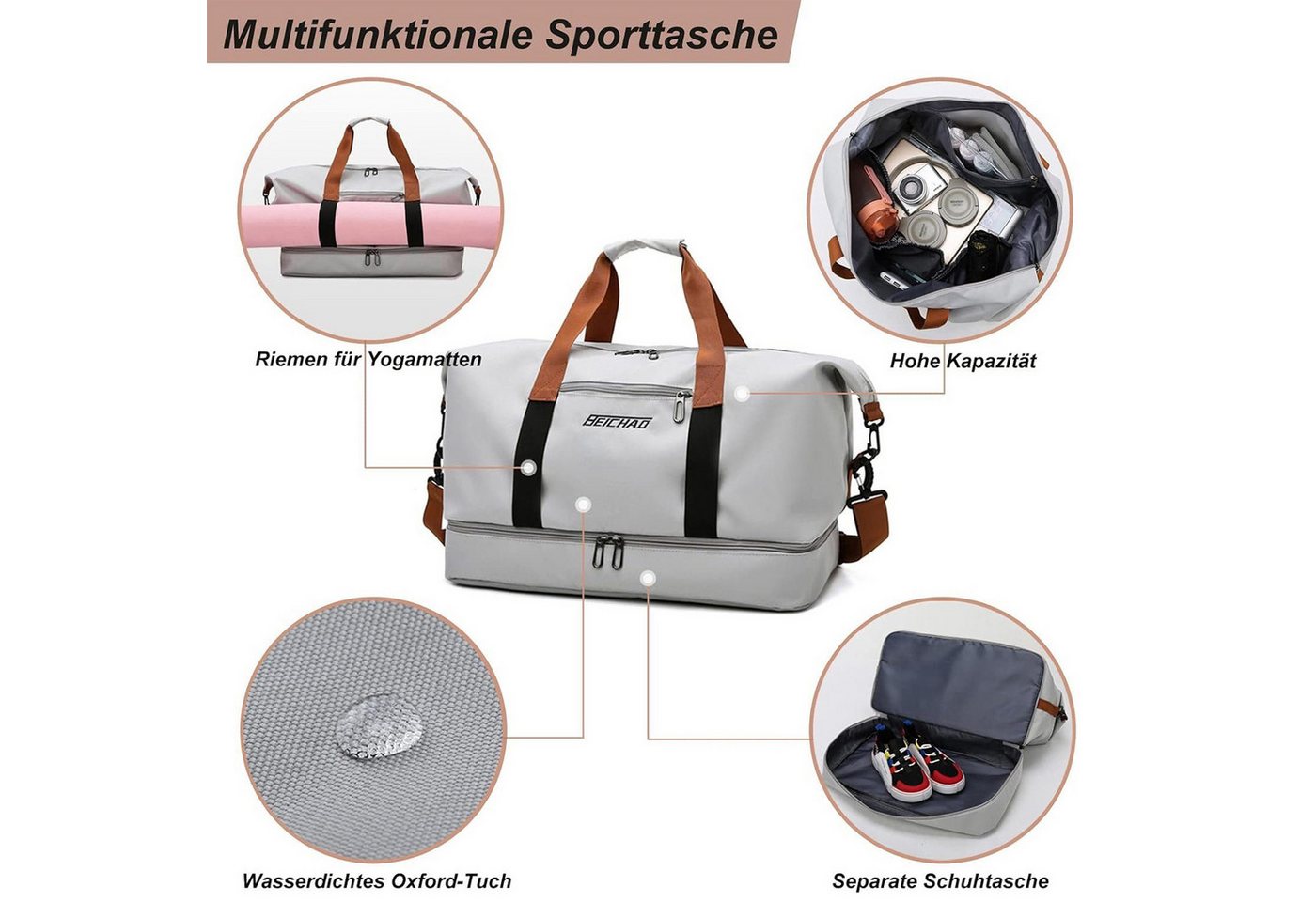 Vornix Reisetasche Fitnesstasche,Sporttasche,Große Umhängetasche mit Schuhfach&Nassfach (Atmungsaktiv, wasserdicht, verschleiBfest, groBes Fassungsvermogen), Schultergurt, für Yoga, Schwimmen, Tourismus, Fitness Bild 3