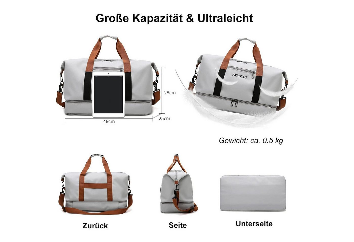 Vornix Reisetasche Fitnesstasche,Sporttasche,Große Umhängetasche mit Schuhfach&Nassfach (Atmungsaktiv, wasserdicht, verschleiBfest, groBes Fassungsvermogen), Schultergurt, für Yoga, Schwimmen, Tourismus, Fitness Bild 5