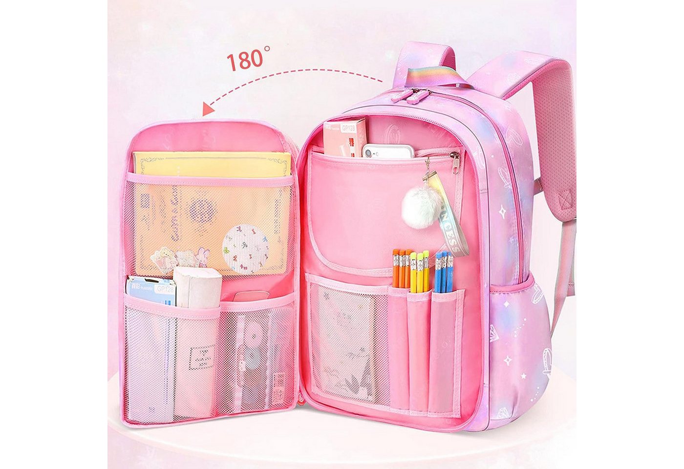 Toomoke Schulrucksack Kinderrucksack Mädchen, Schulranzen mit Großer Kapazität (Schulranzen Mädchen 1-6. klasse, Leichte und Wasserdichte Nylon Schultasche), für Kinder Schule oder Reisen Bild 4