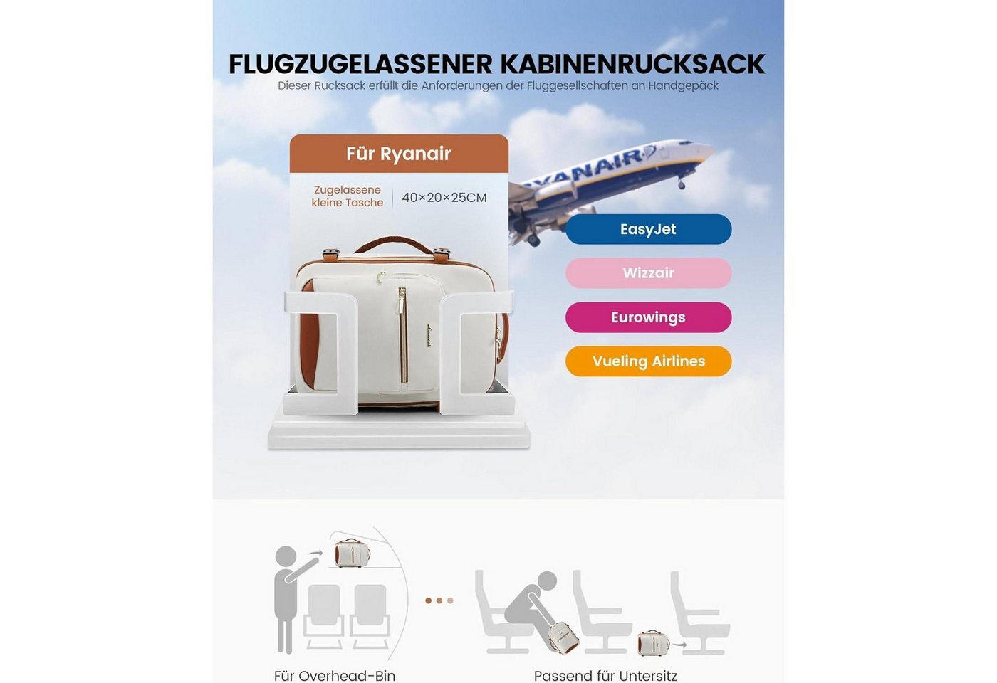 LuxusKollektion Reiserucksack Rucksack Handgepäck 40x20x25 Ryanair Laptop Beige+braun 40x20x25cm Bild 3