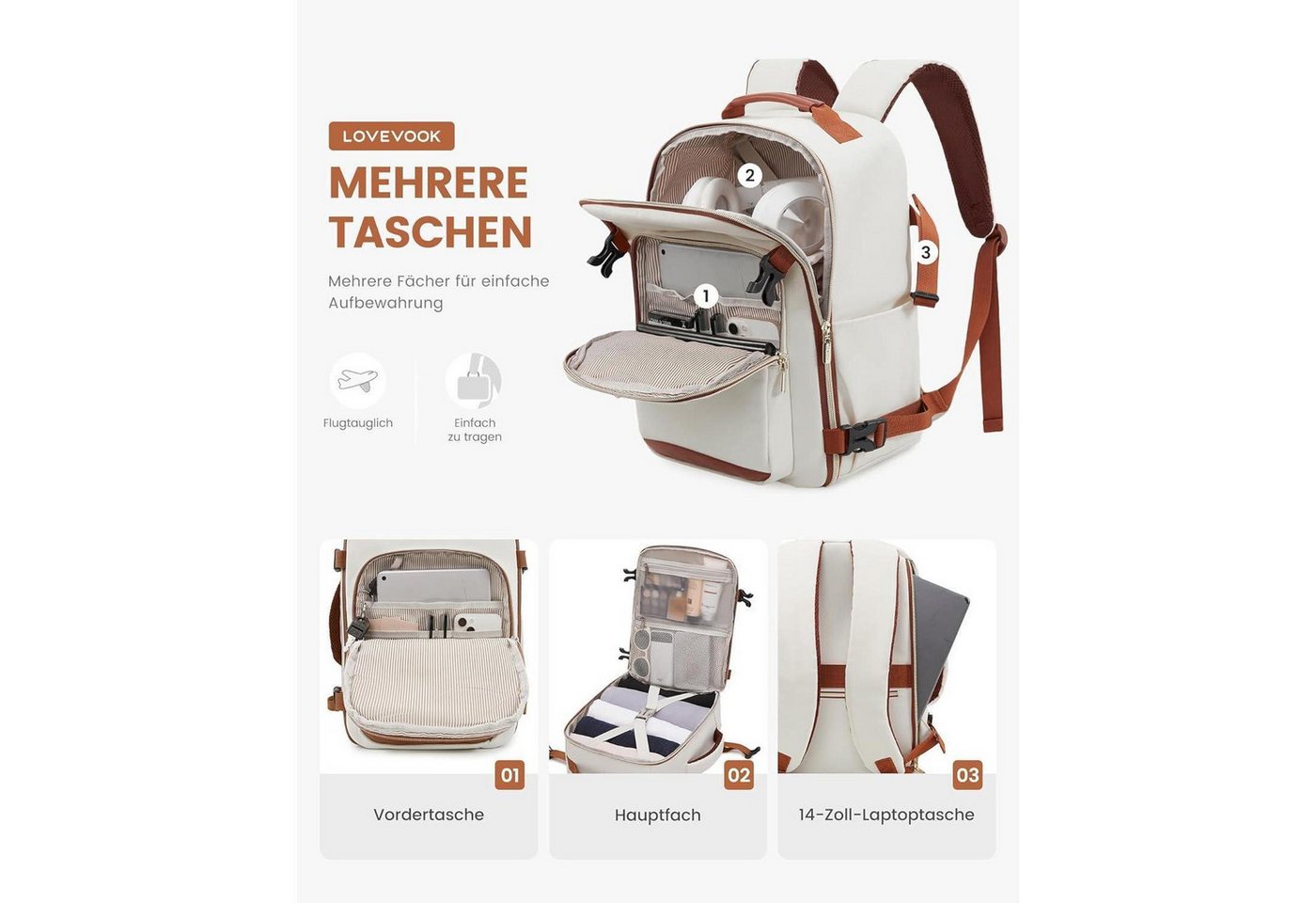 LuxusKollektion Reiserucksack Rucksack Handgepäck 40x20x25 Ryanair Laptop Beige+braun 40x20x25cm Bild 4