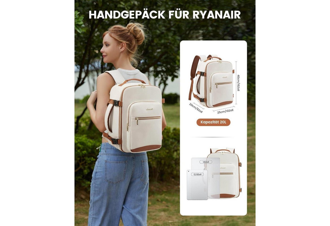 LuxusKollektion Reiserucksack Rucksack Handgepäck 40x20x25 Ryanair Laptop Beige+braun 40x20x25cm Bild 5