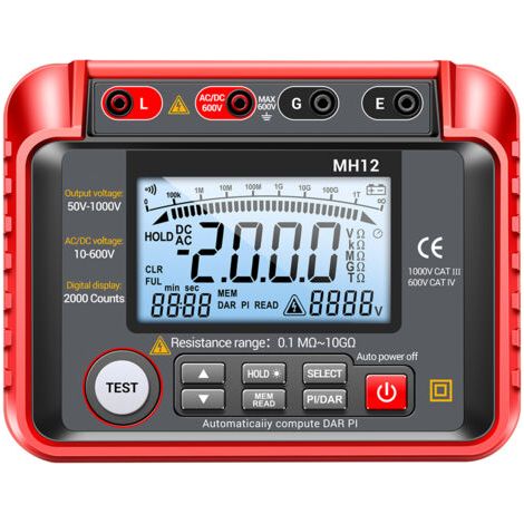 Rhg Mh12 1000v Digitales Isolationsmessgerät, Messbereich 0,1 Mω Bis 20 Gω, 2000-zähler-lcd-display, Ip54 Wasserdicht